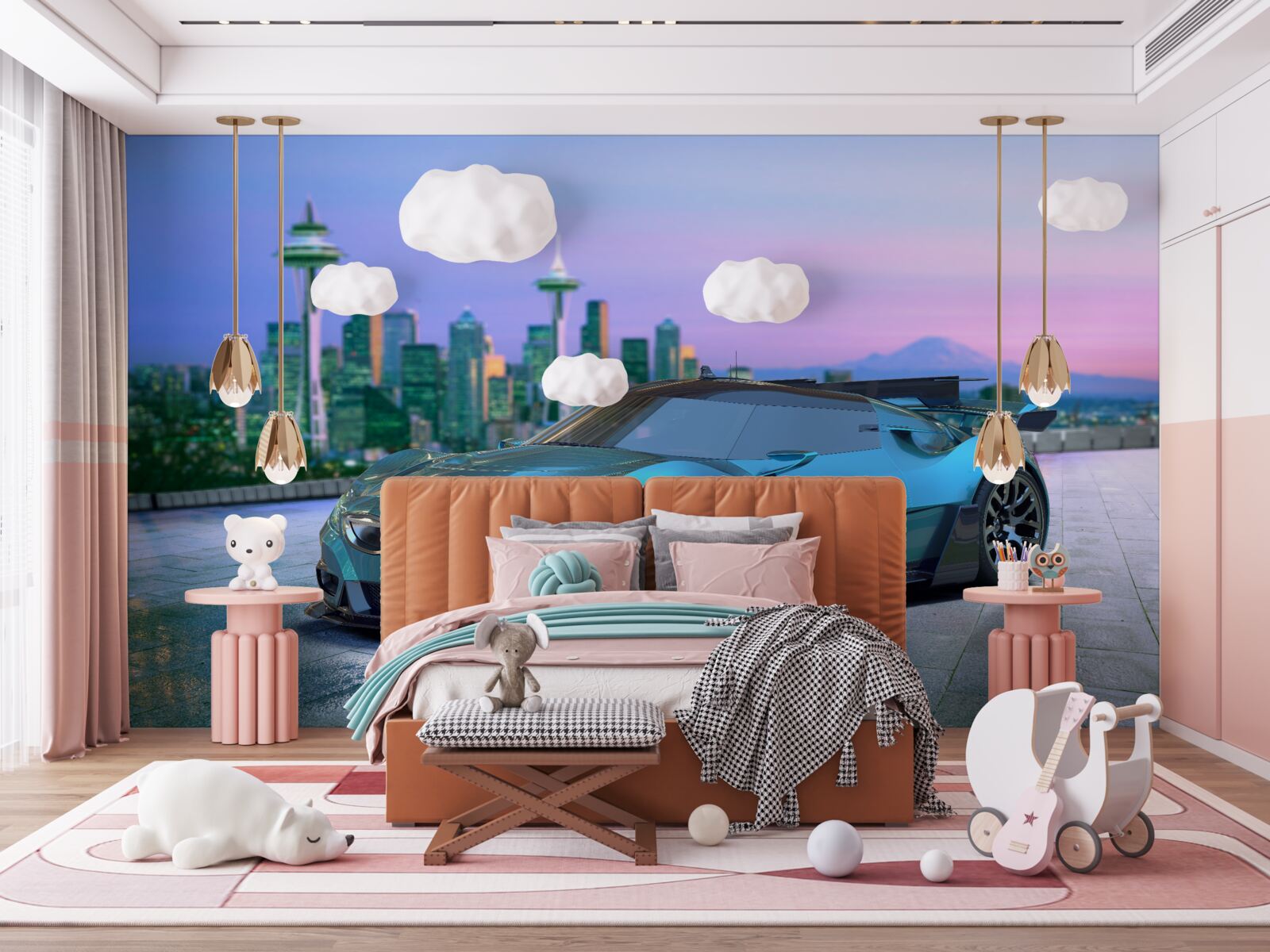 Фотошпалери синій спортивний автомобіль на тлі міського горизонту