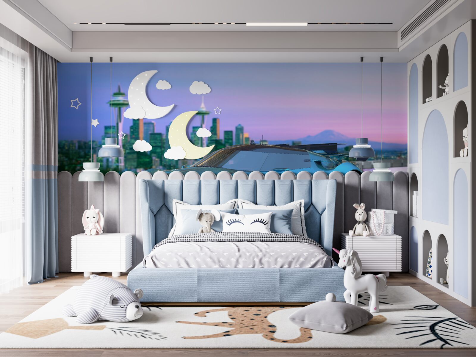 Фотошпалери синій спортивний автомобіль на тлі міського горизонту