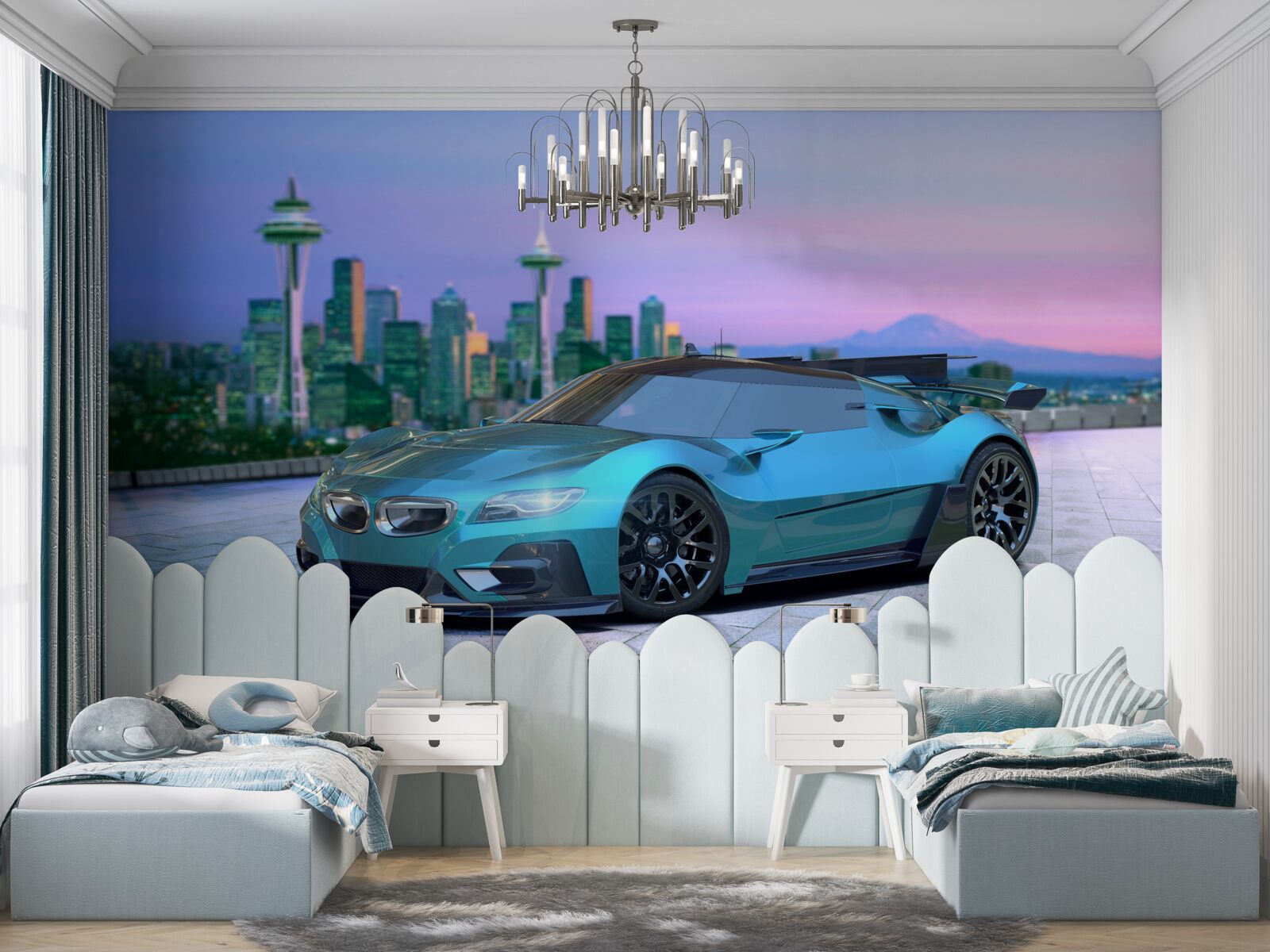 Фотошпалери синій спортивний автомобіль на тлі міського горизонту