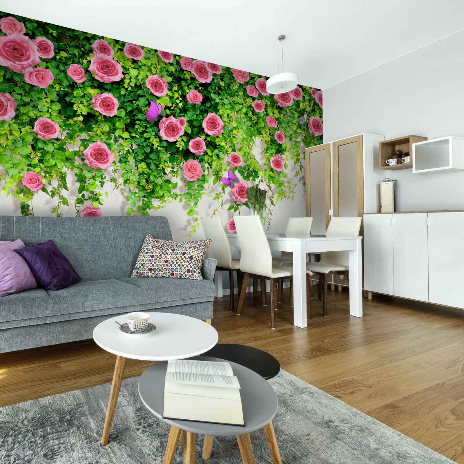 Фотошпалери кущові троянди з насиченим рожевим кольором