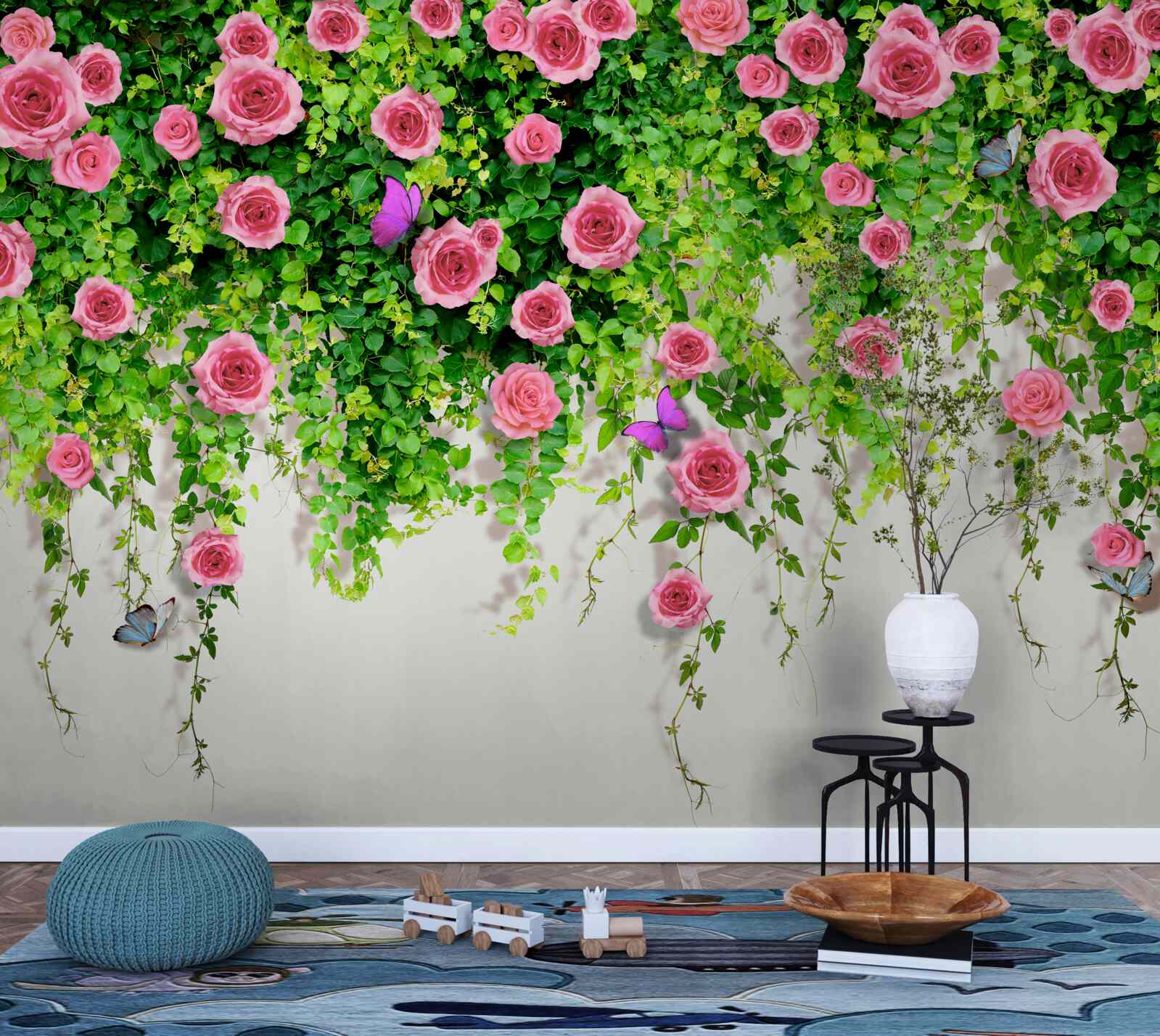 Фотошпалери кущові троянди з насиченим рожевим кольором