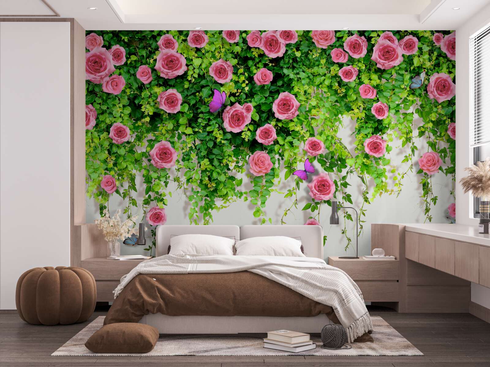 Фотошпалери кущові троянди з насиченим рожевим кольором