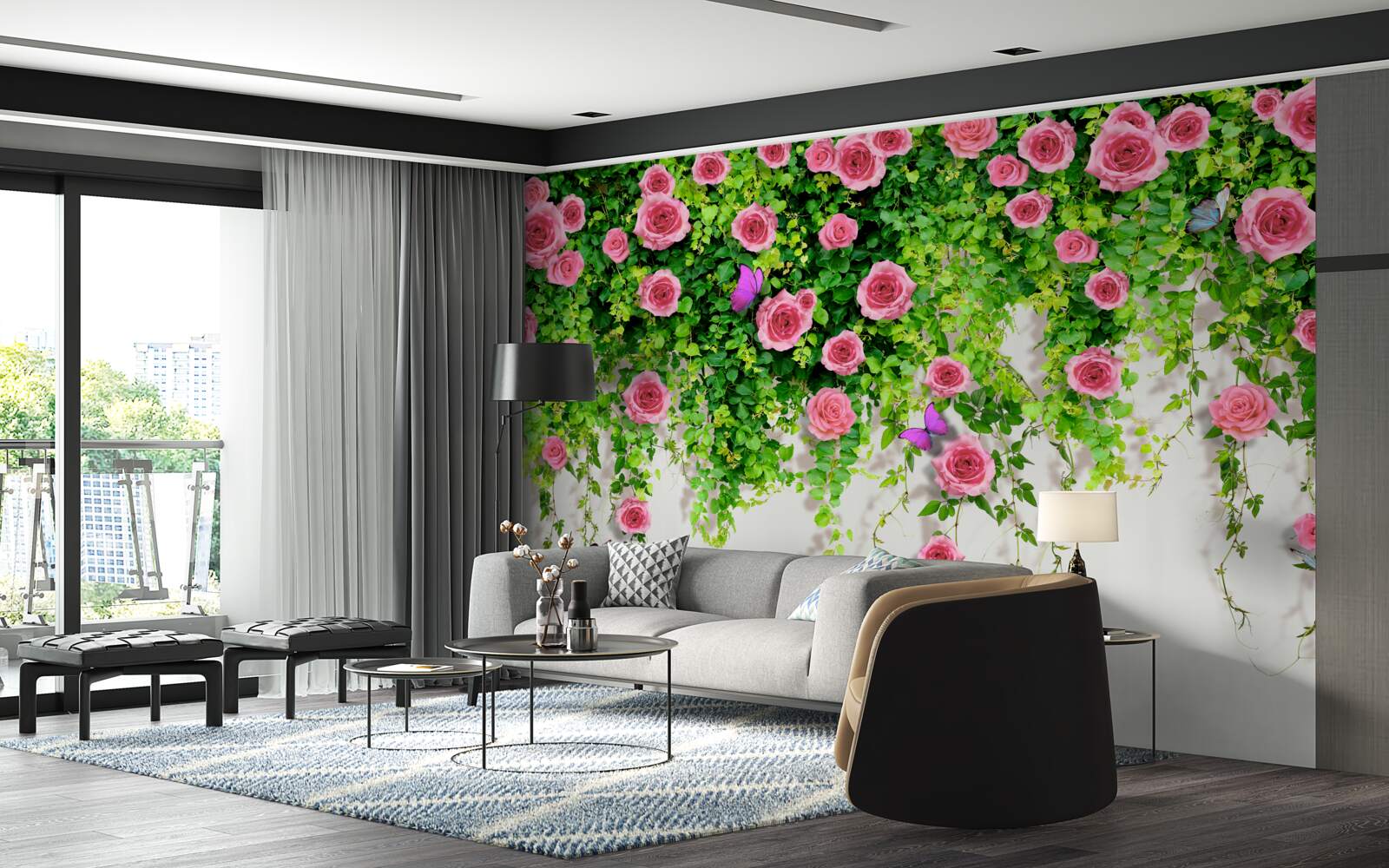 Фотошпалери кущові троянди з насиченим рожевим кольором