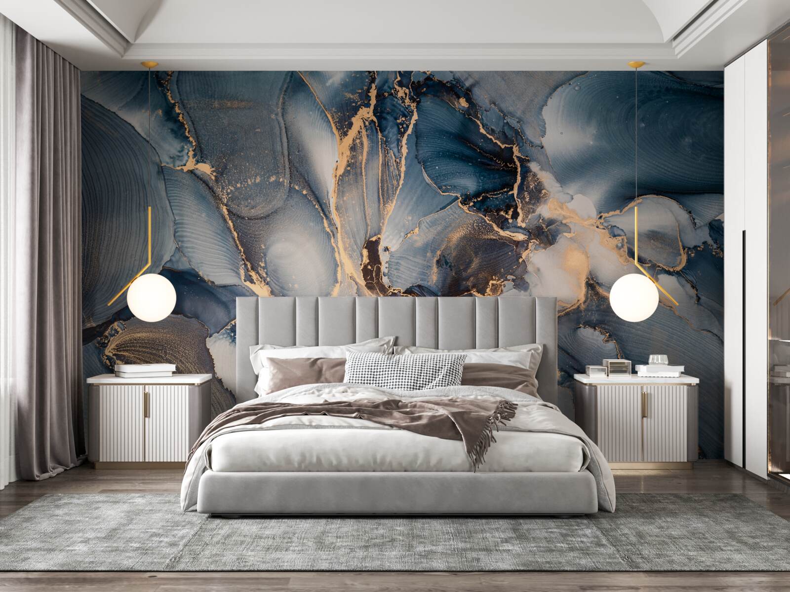 Фотошпалери мармур у насичених відтінках синього та золотого