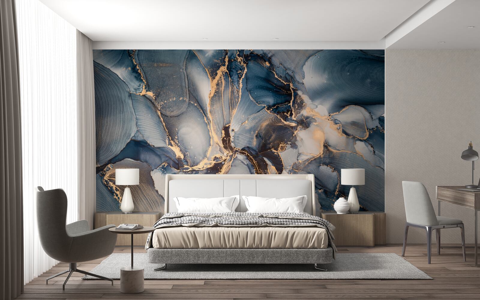 Фотошпалери мармур у насичених відтінках синього та золотого