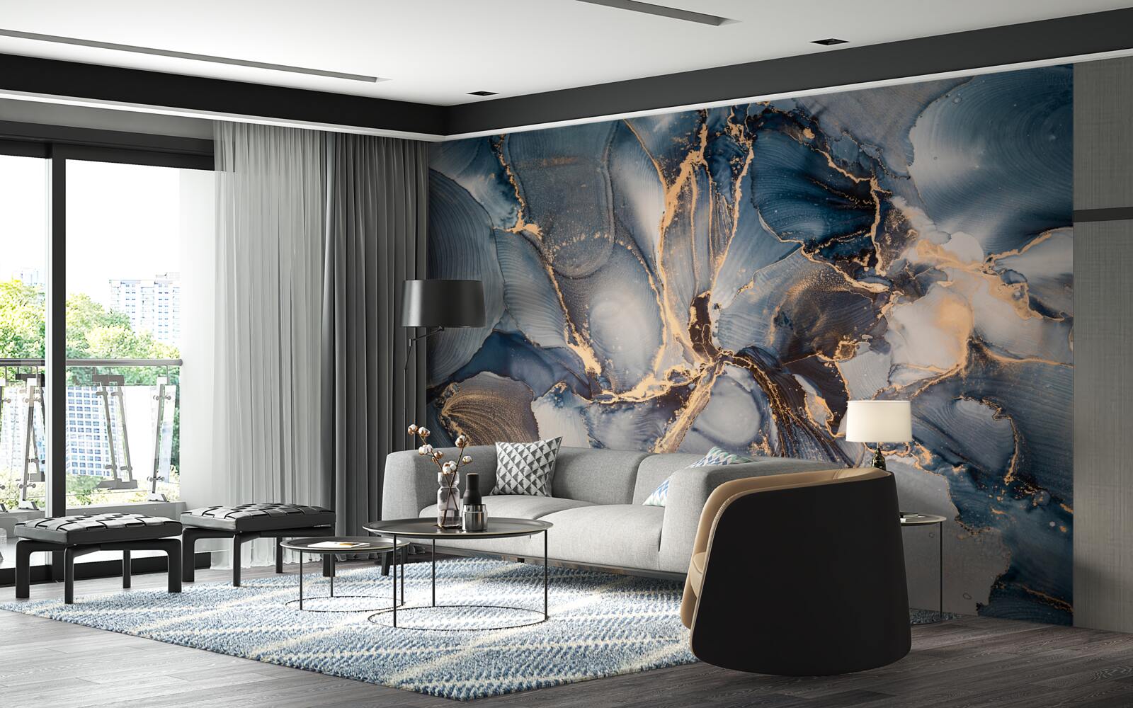 Фотошпалери мармур у насичених відтінках синього та золотого