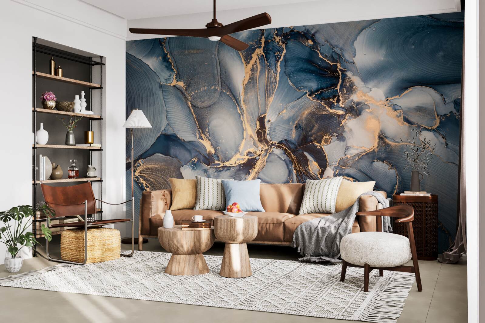 Фотошпалери мармур у насичених відтінках синього та золотого