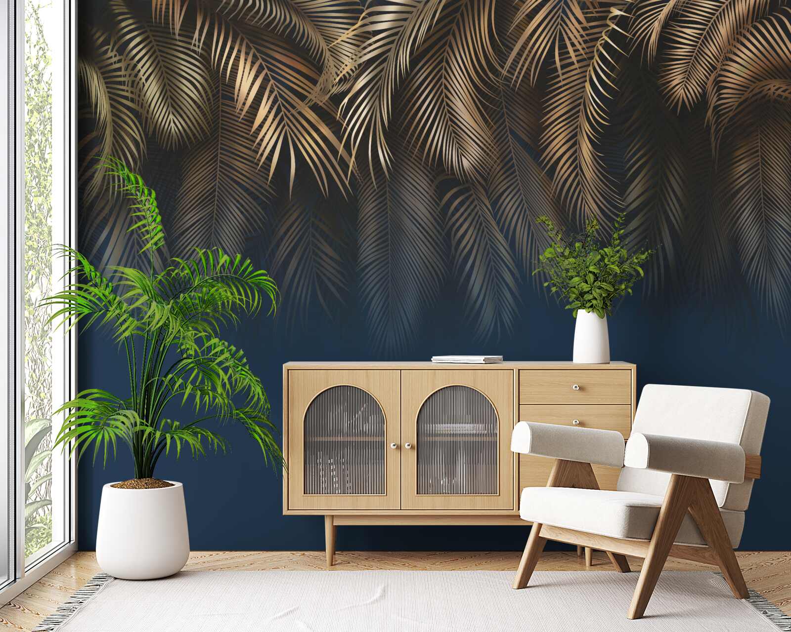 Фотошпалери вночі папороть переливається золотим листям