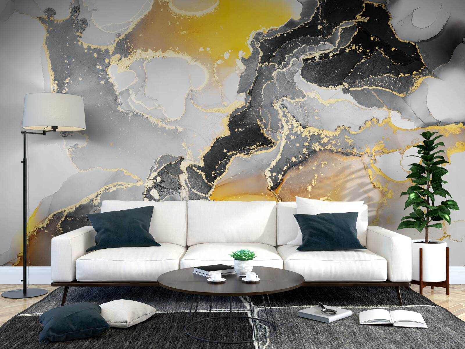 Фотошпалери темний і золотий візерунок на сірому мармурі