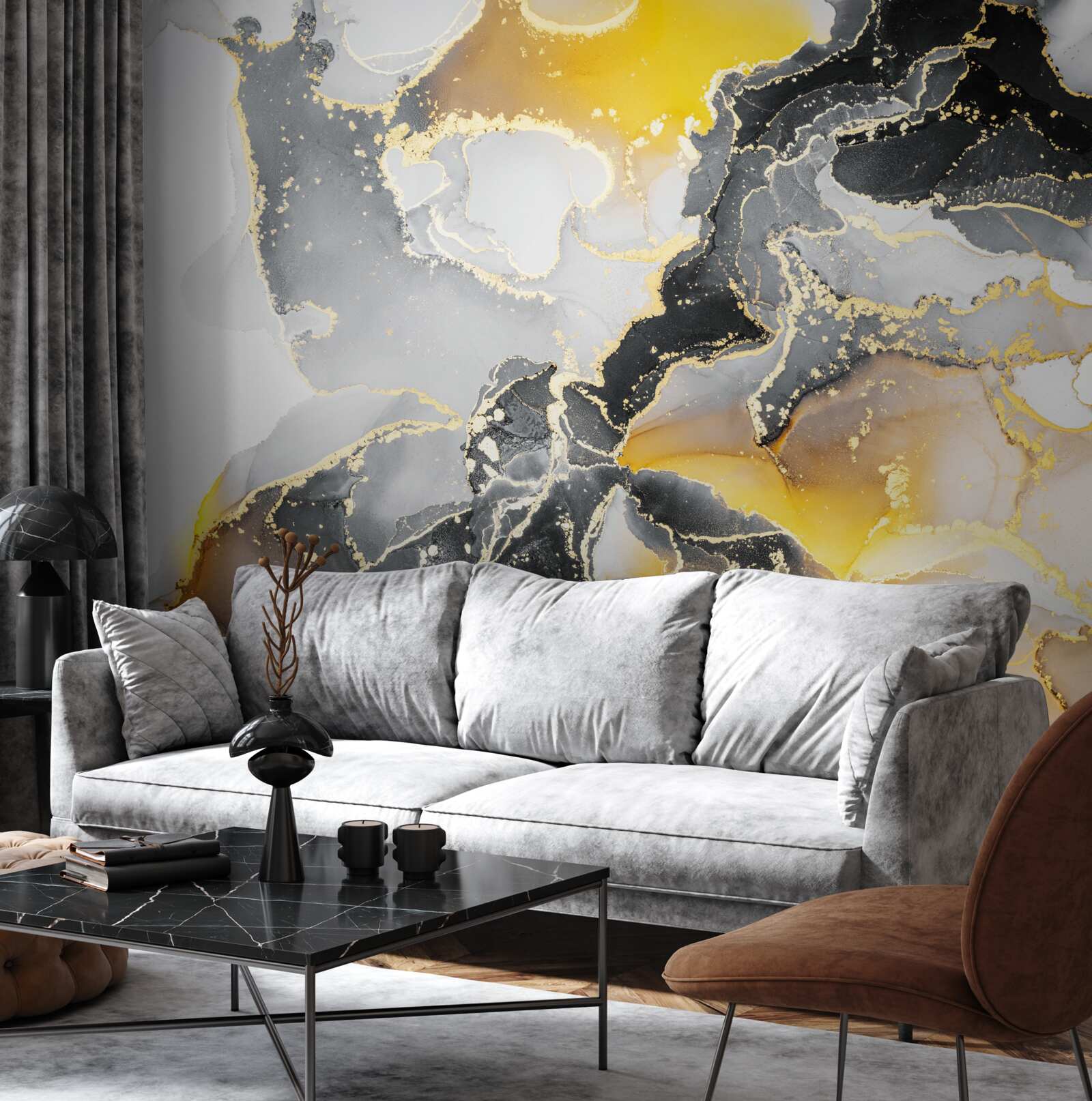 Фотошпалери темний і золотий візерунок на сірому мармурі