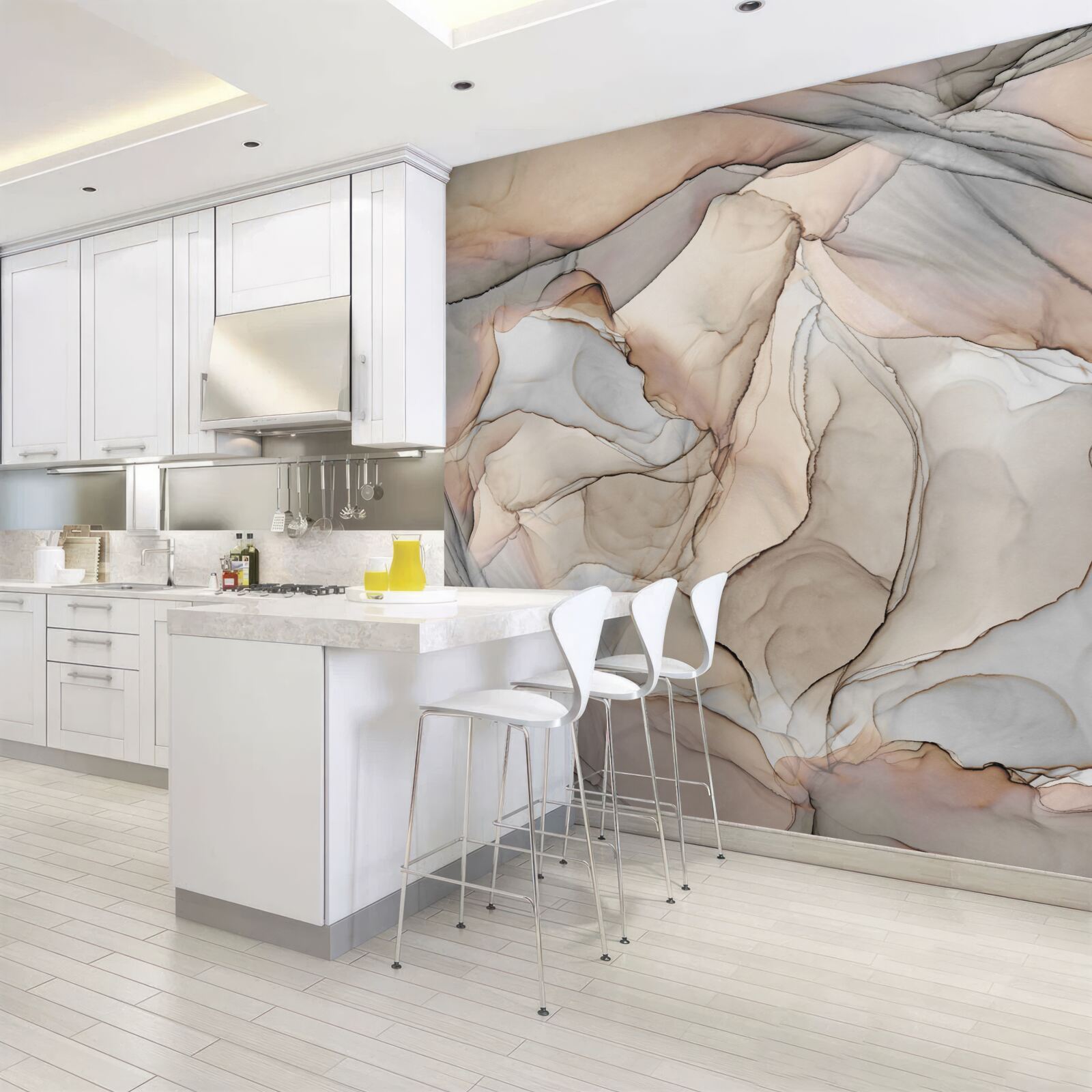 Фотошпалери рожеві та блакитні візерунки на кремовому мармурі