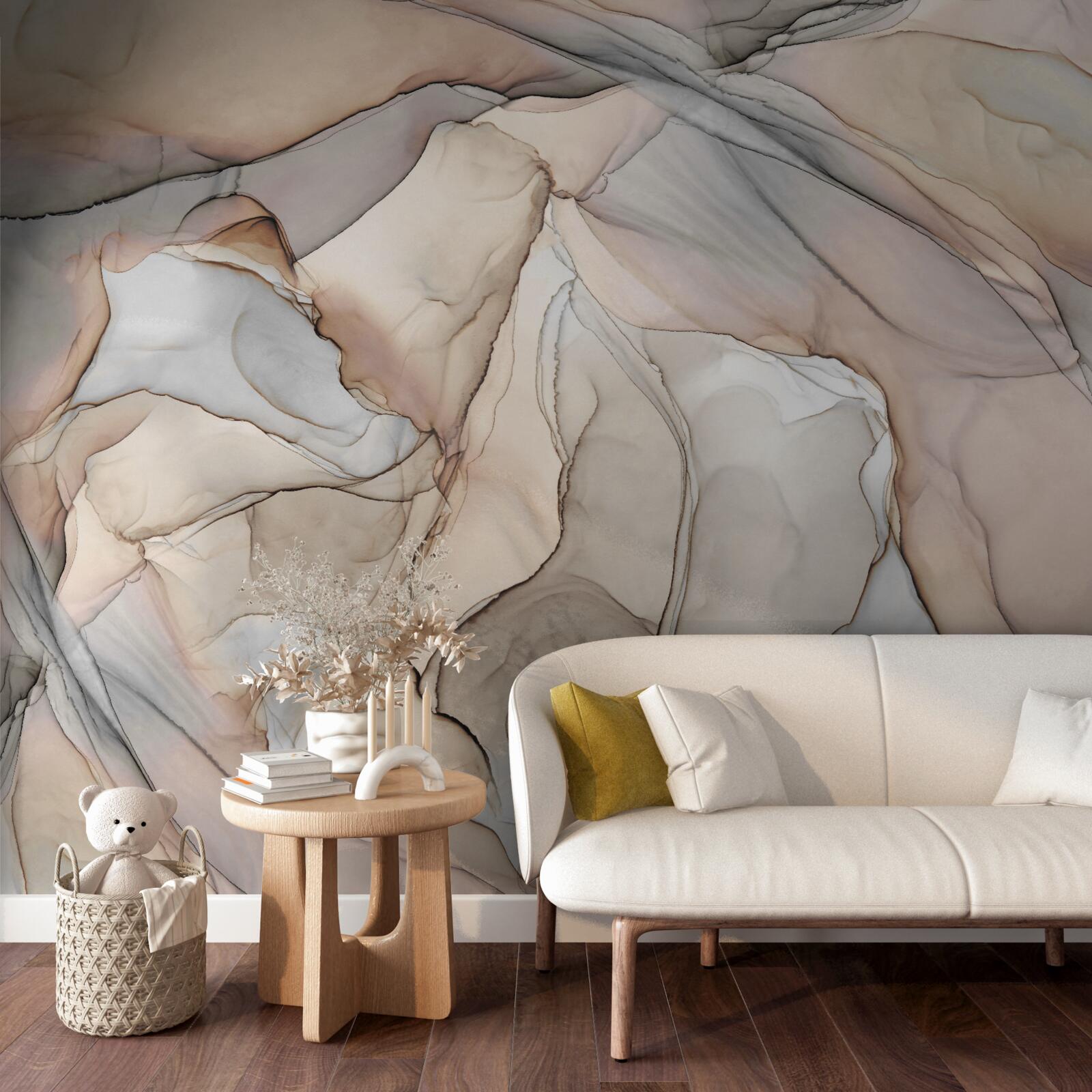 Фотошпалери рожеві та блакитні візерунки на кремовому мармурі