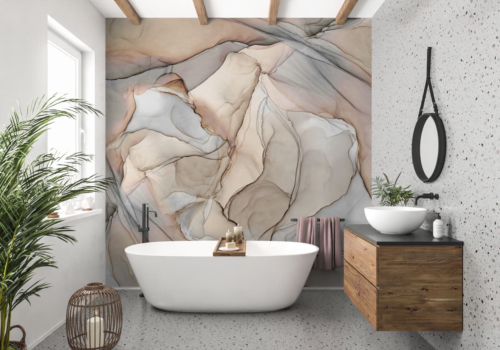 Фотошпалери рожеві та блакитні візерунки на кремовому мармурі