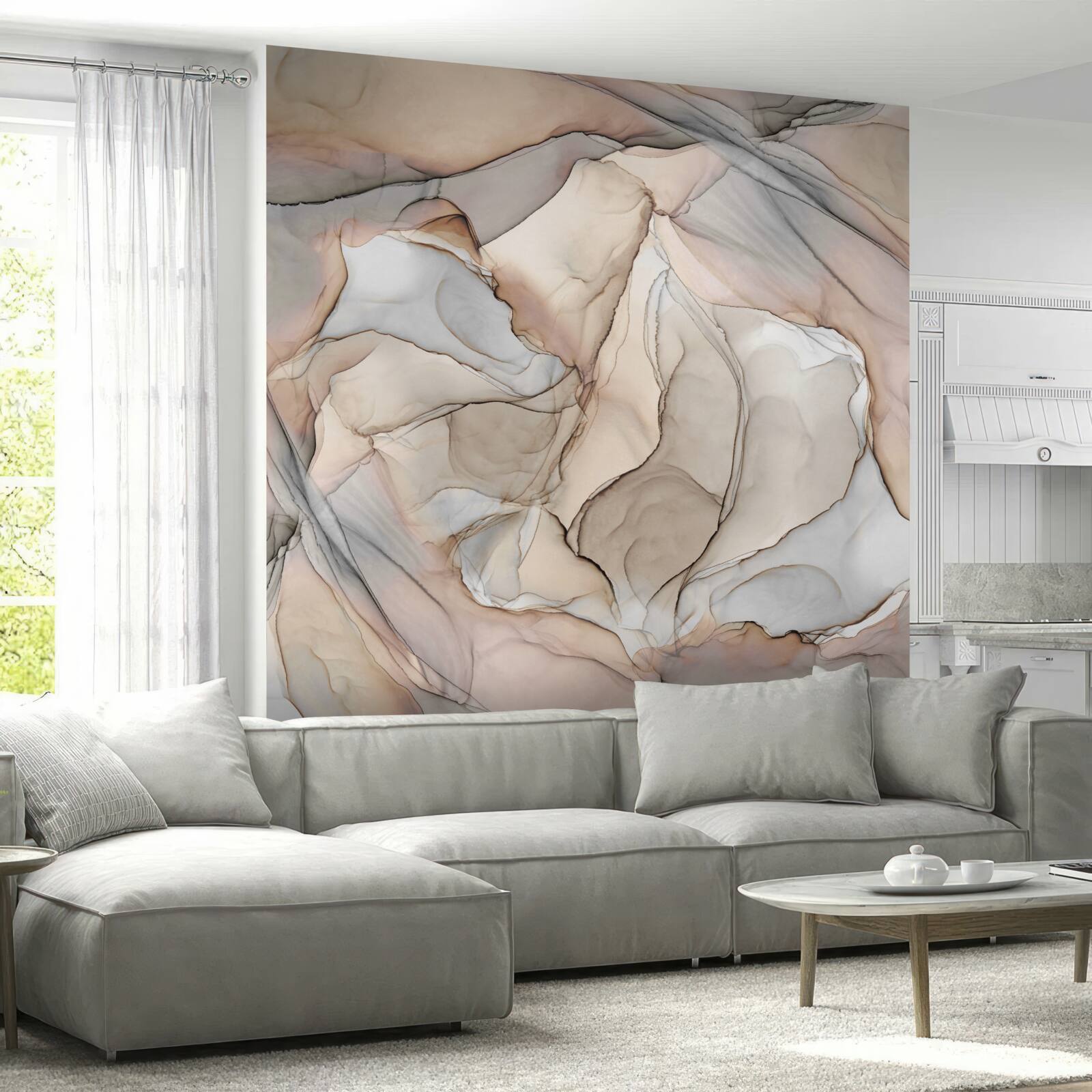 Фотошпалери рожеві та блакитні візерунки на кремовому мармурі