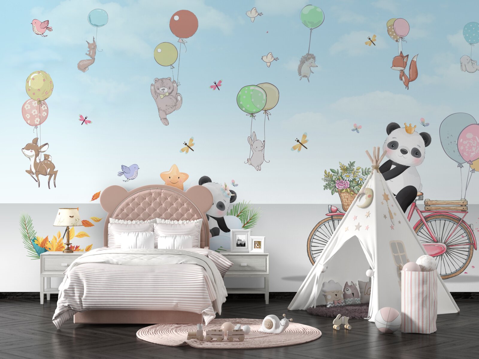 Фотошпалери повітряні кульки з пандами та іншими тваринами