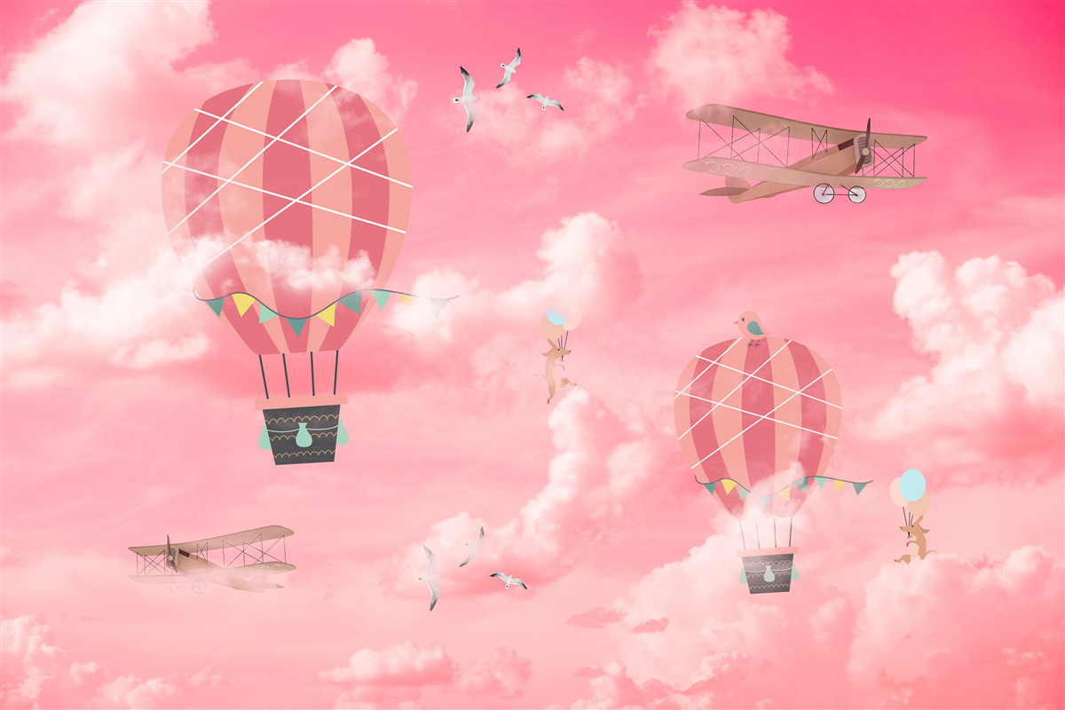 Фотошпалери повітряні кулі на тлі рожевого неба на заході сонця