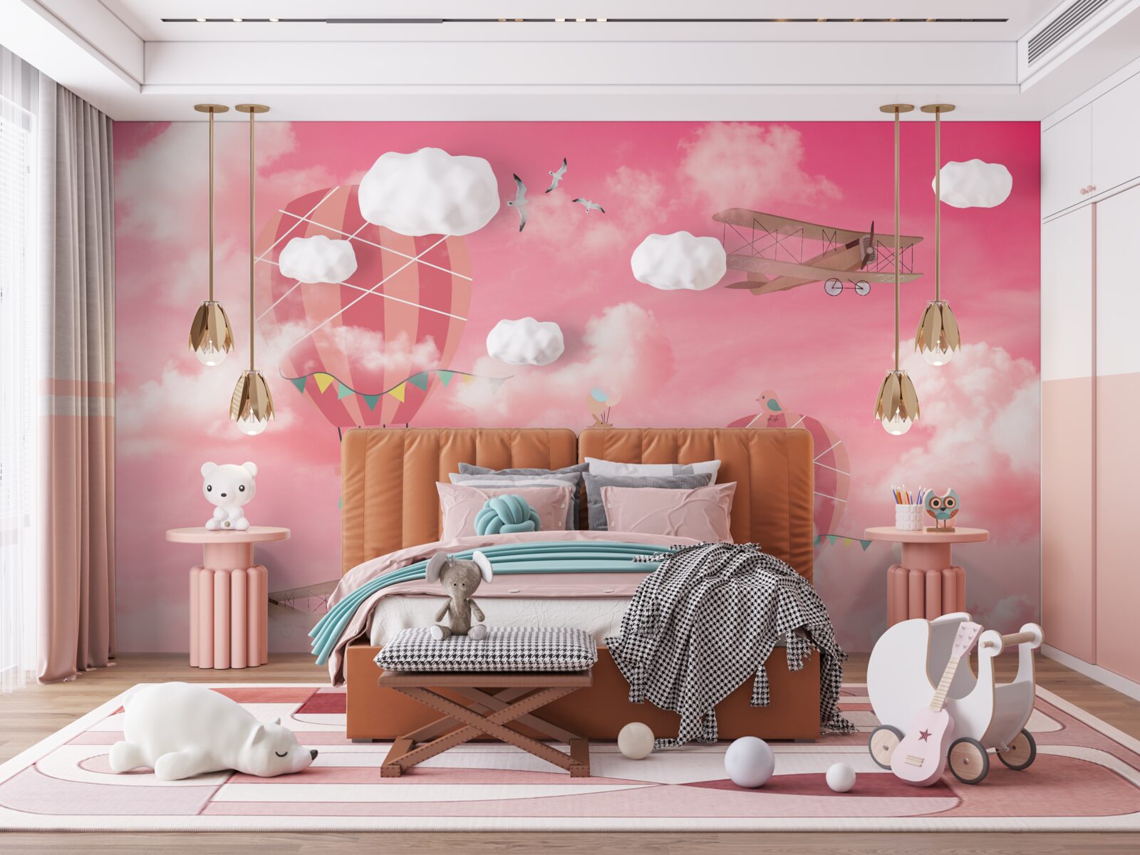 Фотошпалери повітряні кулі на тлі рожевого неба на заході сонця