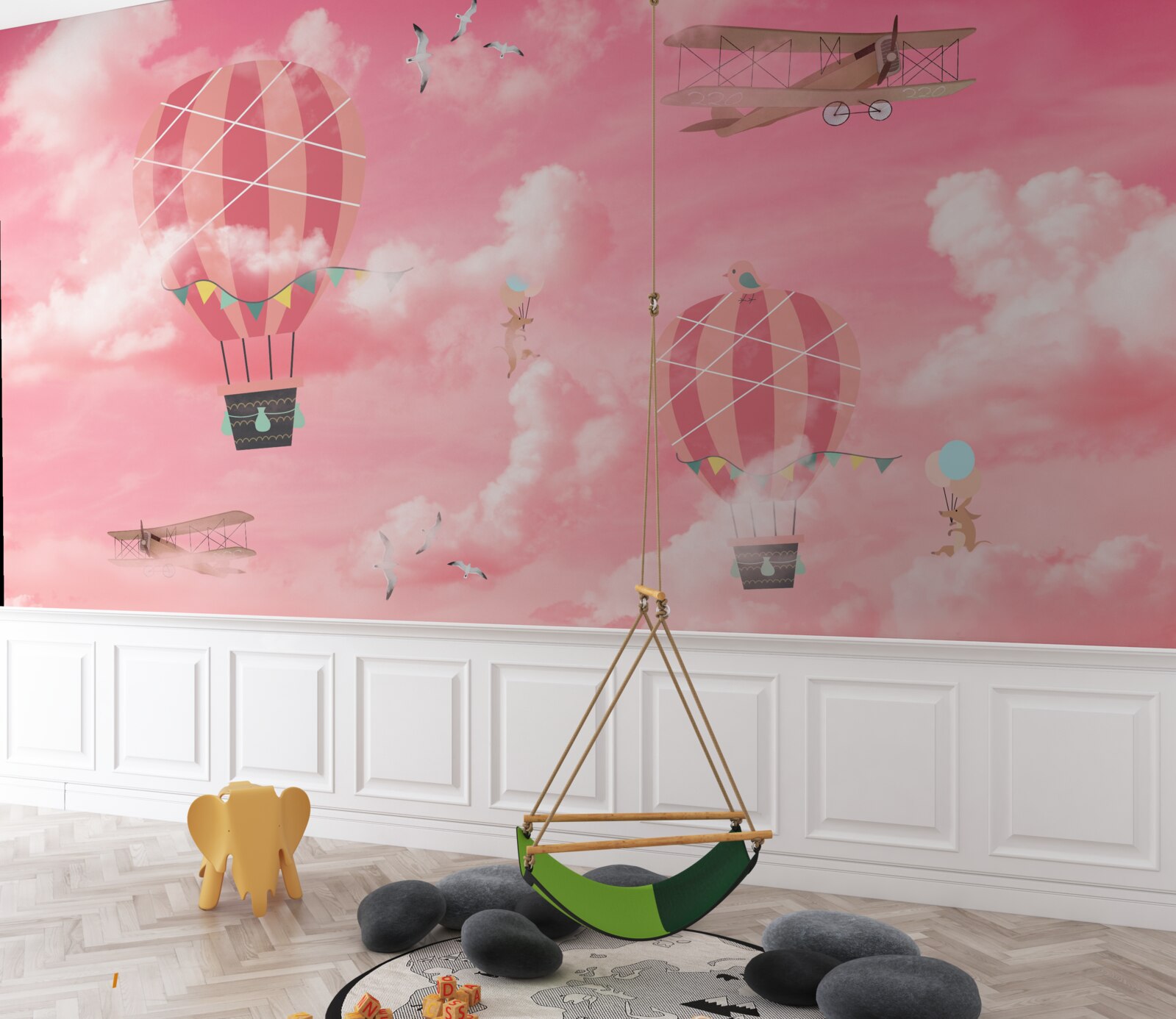 Фотошпалери повітряні кулі на тлі рожевого неба на заході сонця