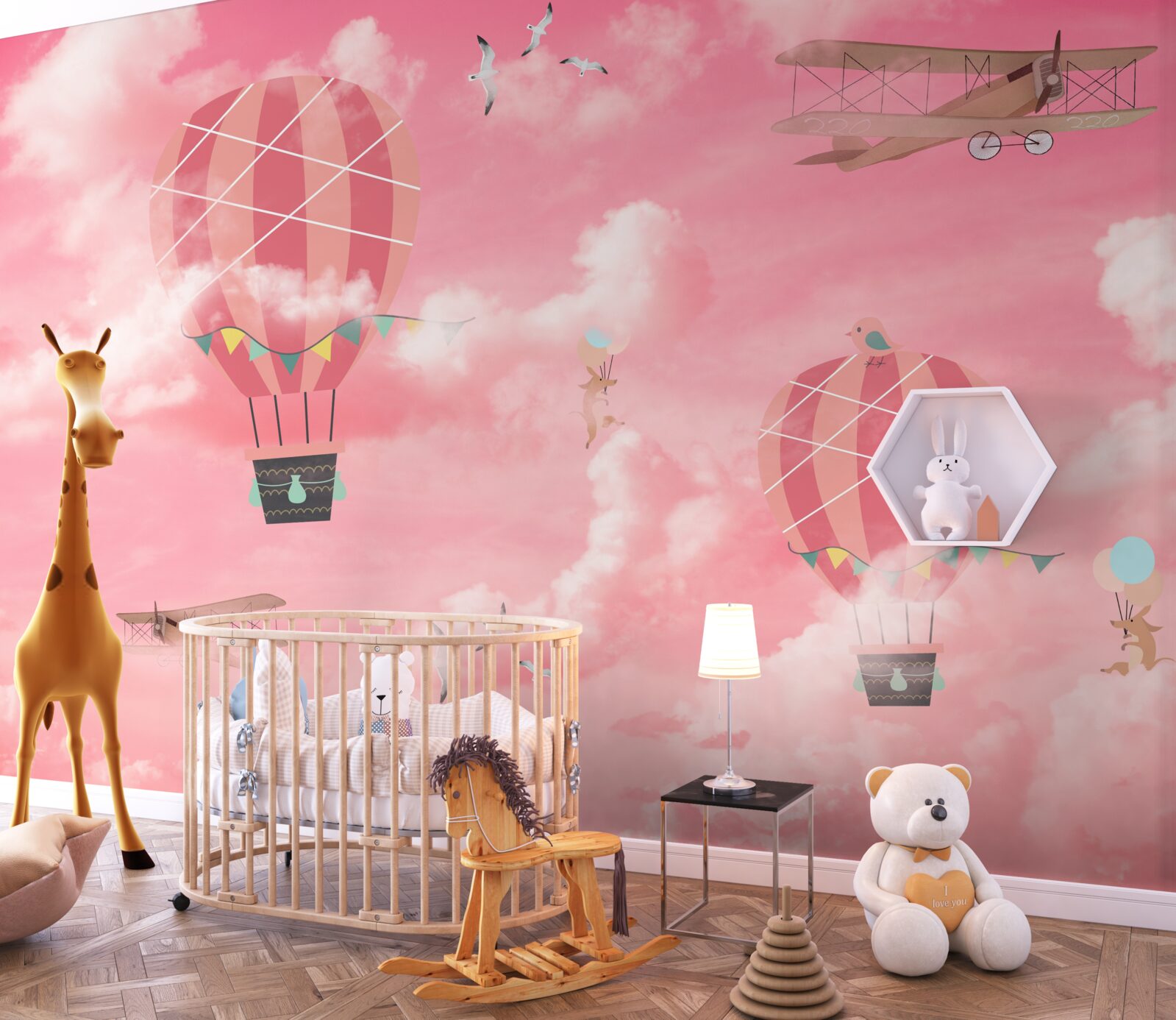 Фотошпалери повітряні кулі на тлі рожевого неба на заході сонця