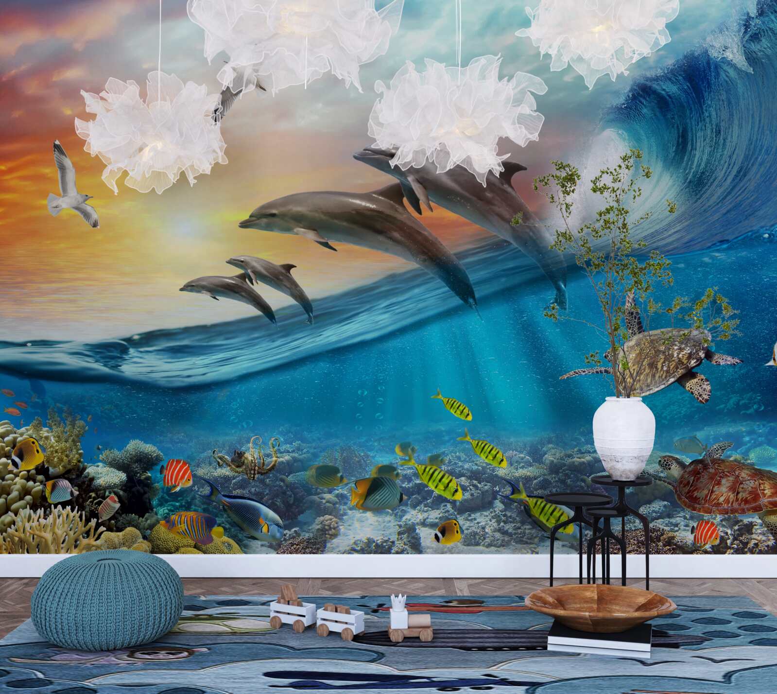 Фотошпалери дельфіни вистрибують з хвиль