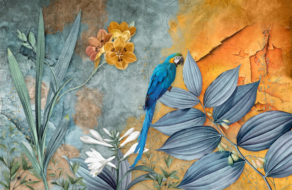 Фотошпалери абстрактний живопис папуги серед листя