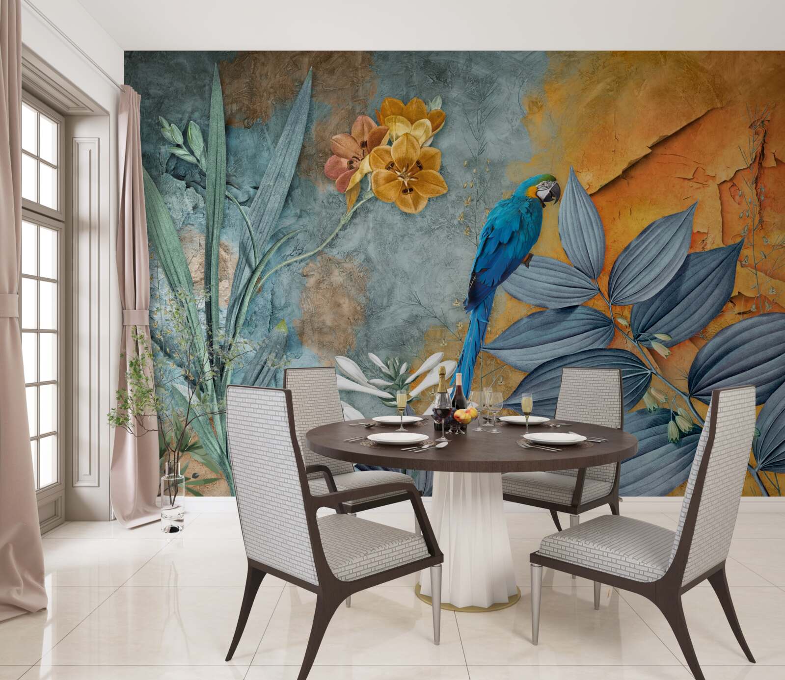 Фотошпалери абстрактний живопис папуги серед листя