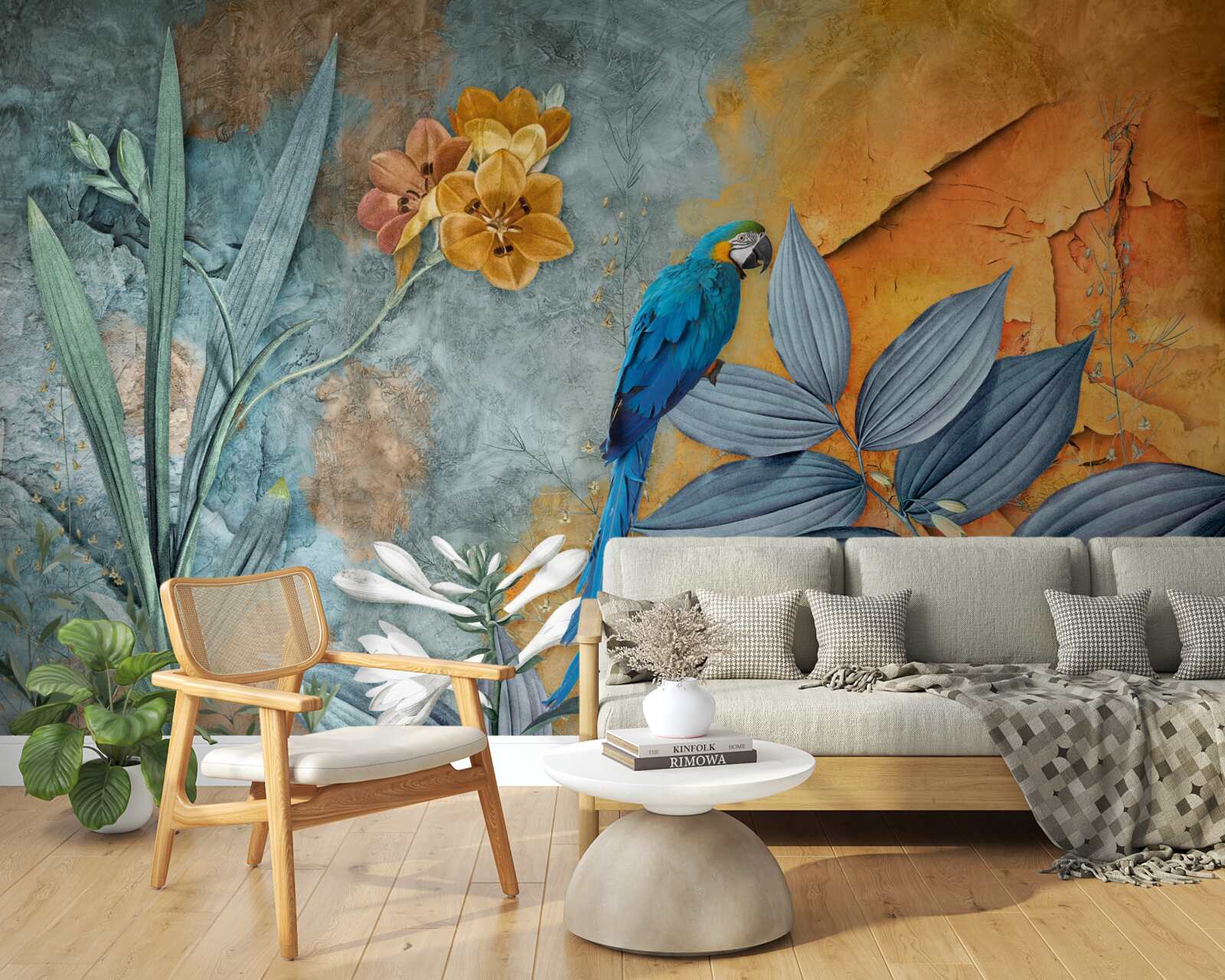 Фотошпалери абстрактний живопис папуги серед листя