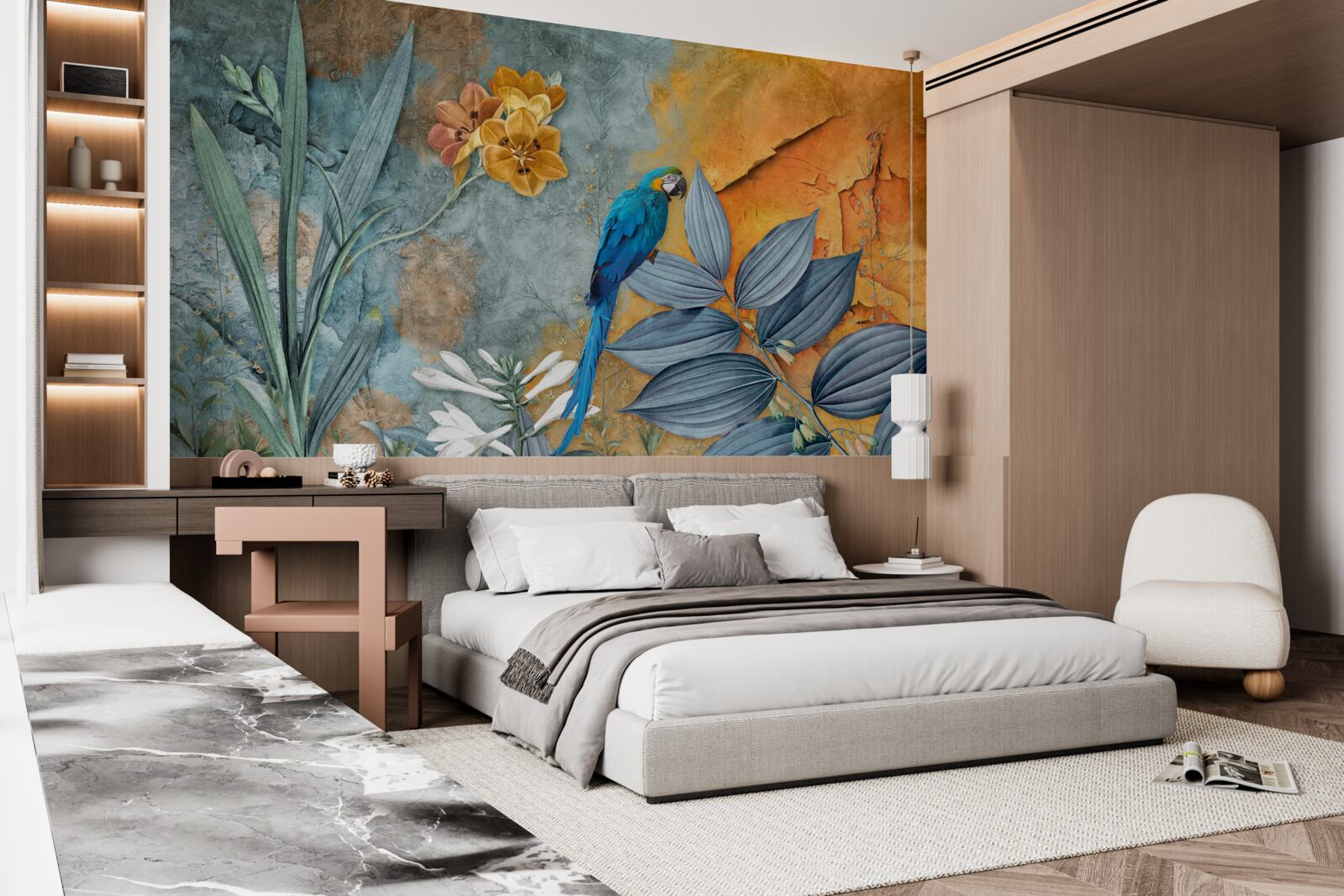 Фотошпалери абстрактний живопис папуги серед листя