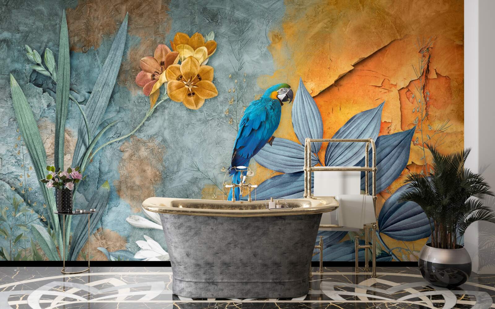 Фотошпалери абстрактний живопис папуги серед листя