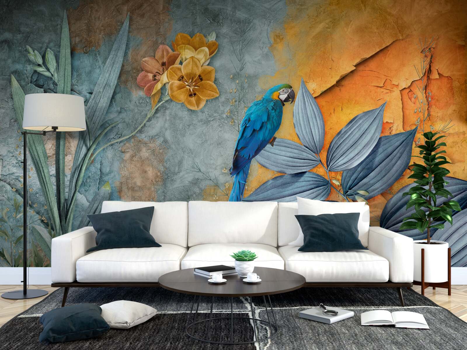 Фотошпалери абстрактний живопис папуги серед листя