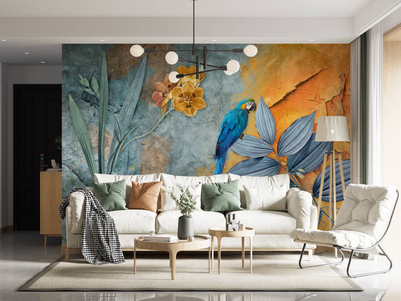 Фотошпалери абстрактний живопис папуги серед листя