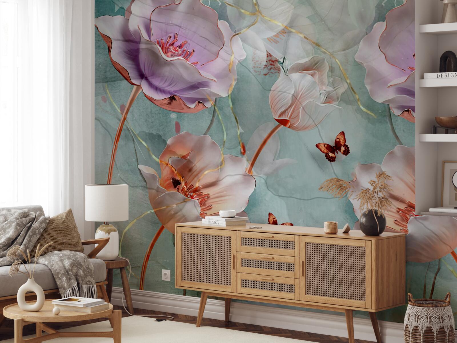 Фотошпалери різноманітні маки з пурхаючими метеликами