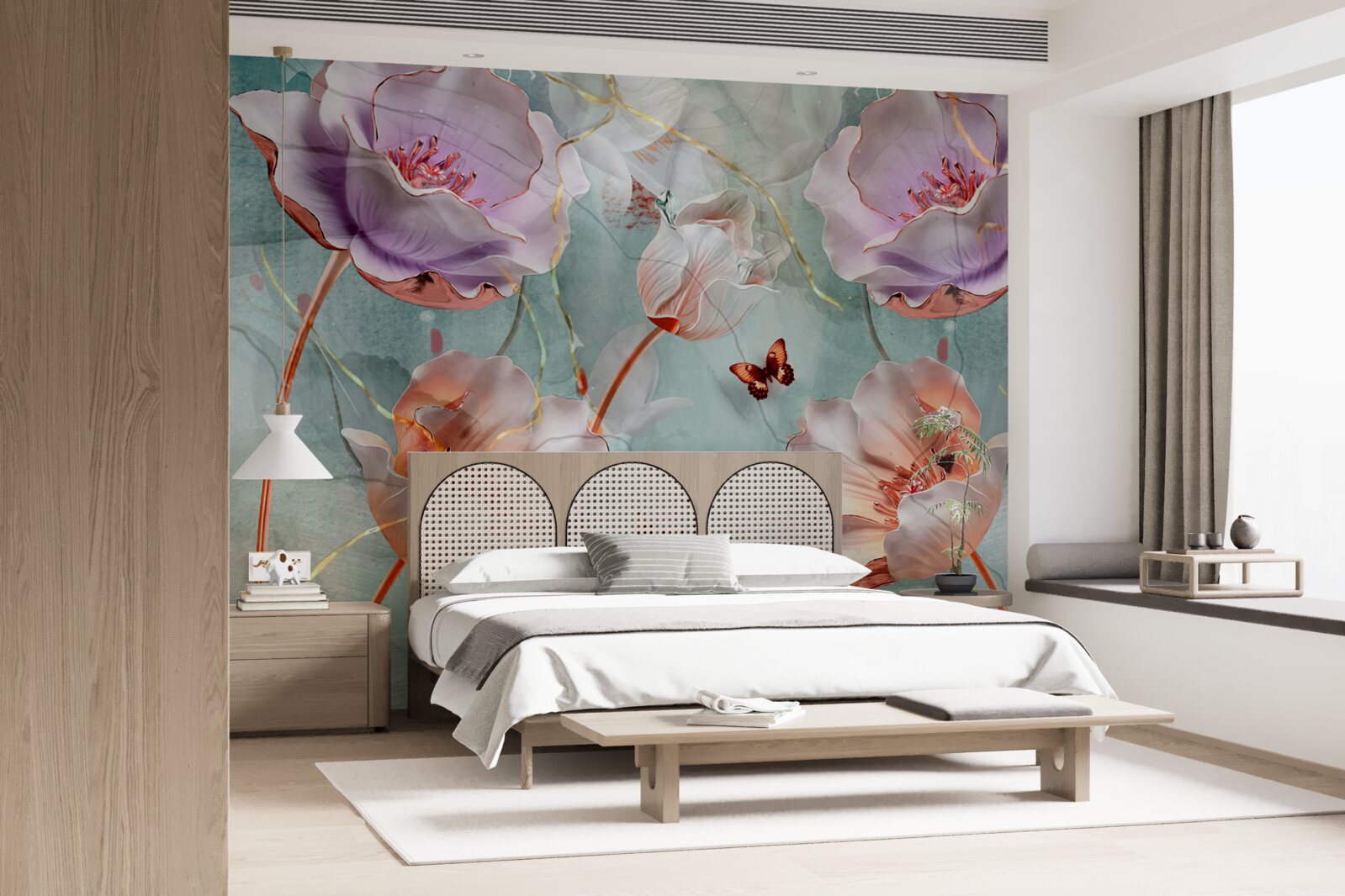 Фотошпалери різноманітні маки з пурхаючими метеликами