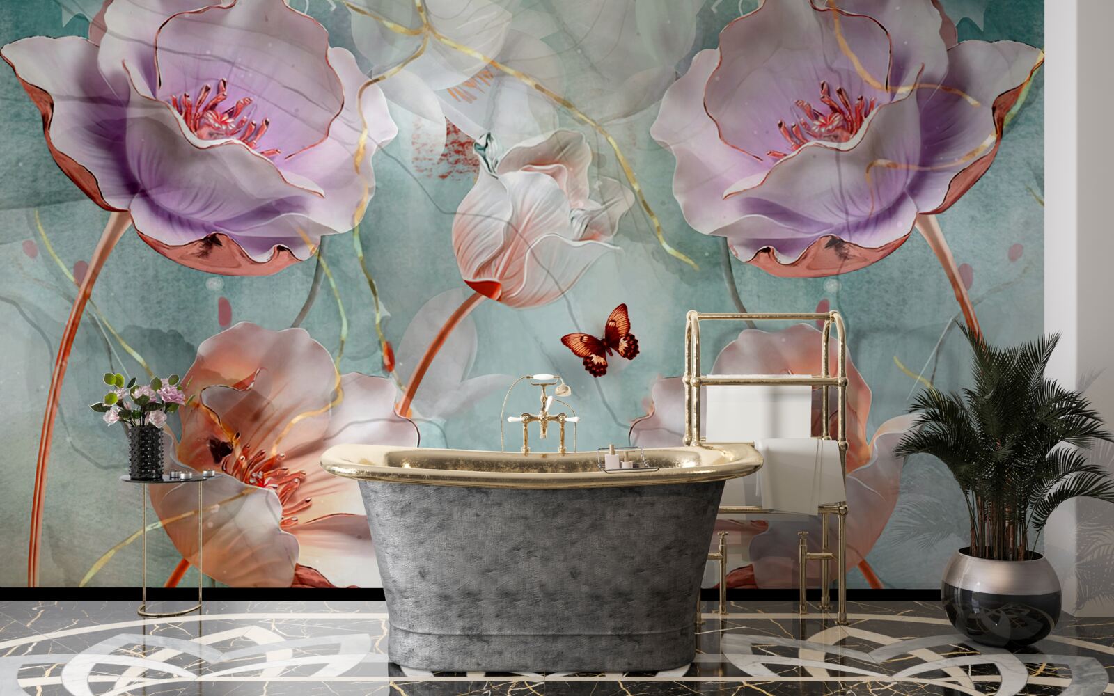 Фотошпалери різноманітні маки з пурхаючими метеликами