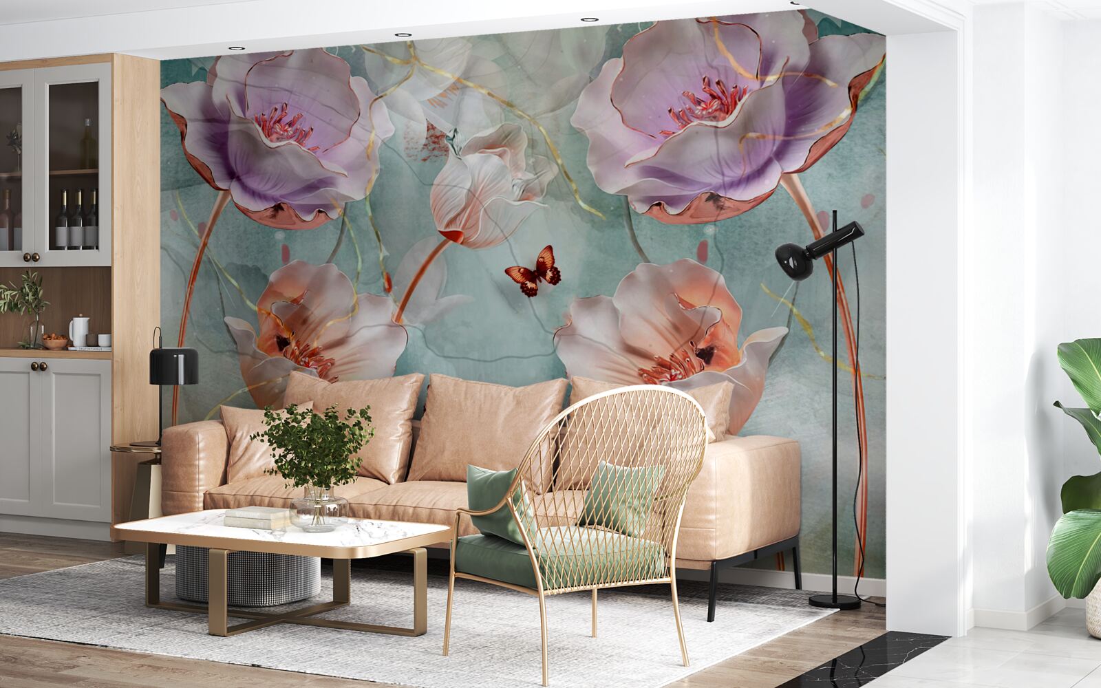 Фотошпалери різноманітні маки з пурхаючими метеликами