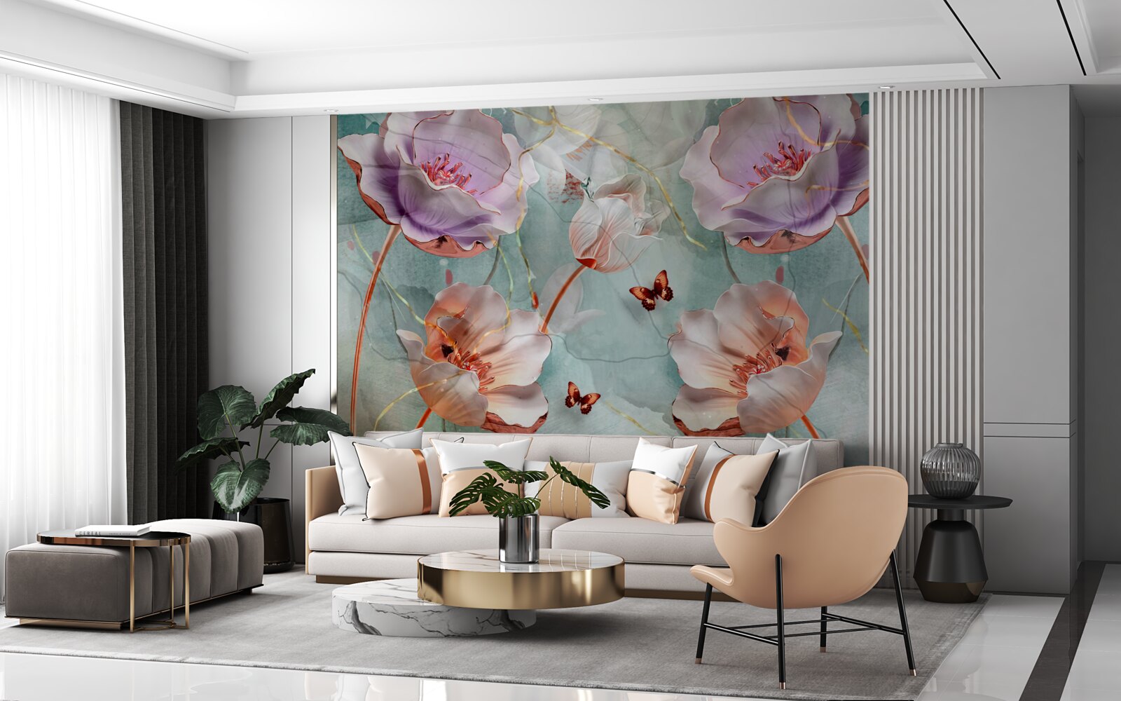 Фотошпалери різноманітні маки з пурхаючими метеликами