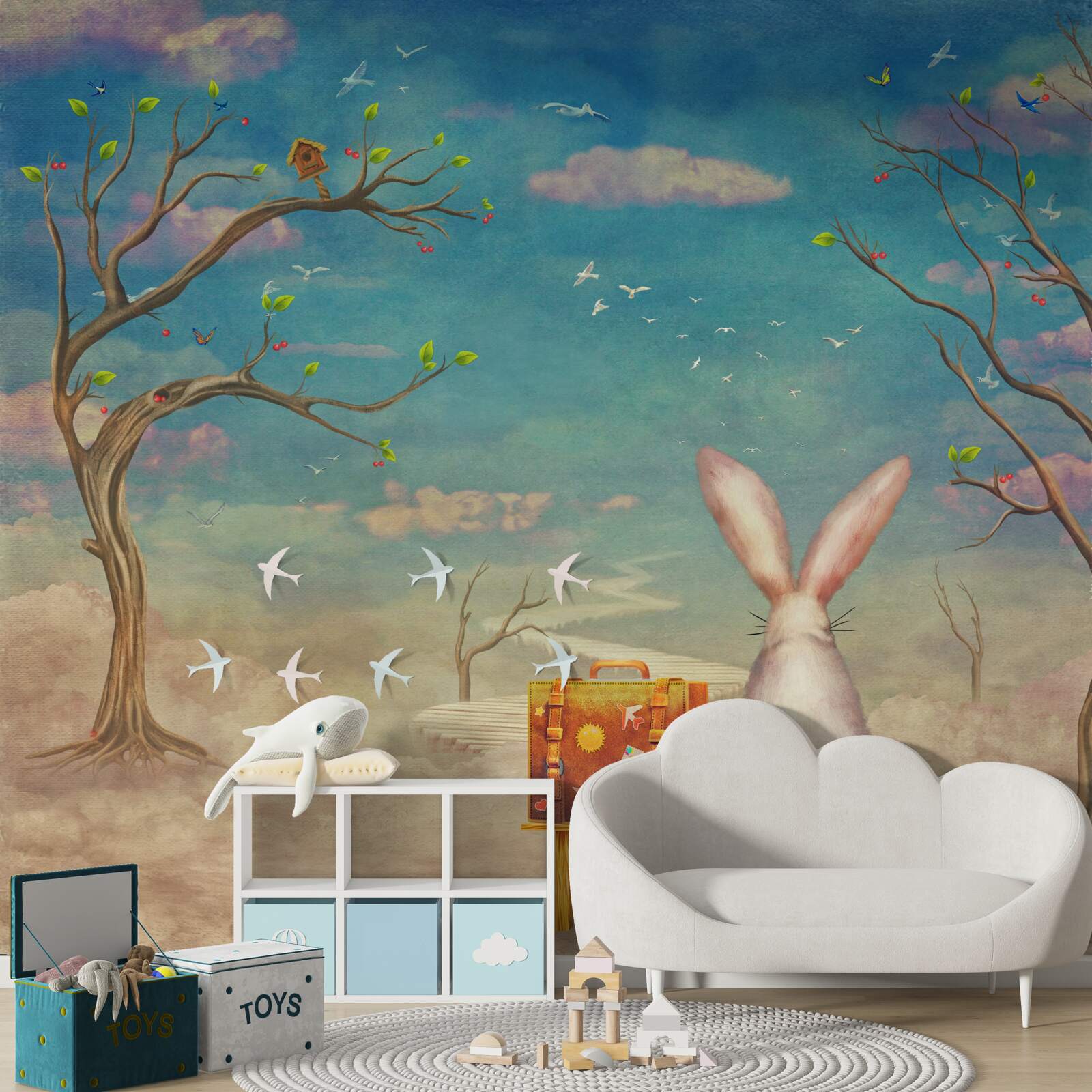 Фотошпалери зайчик сидить на лавці і чекає