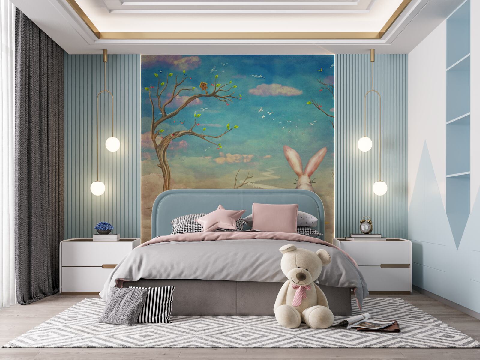 Фотошпалери зайчик сидить на лавці і чекає