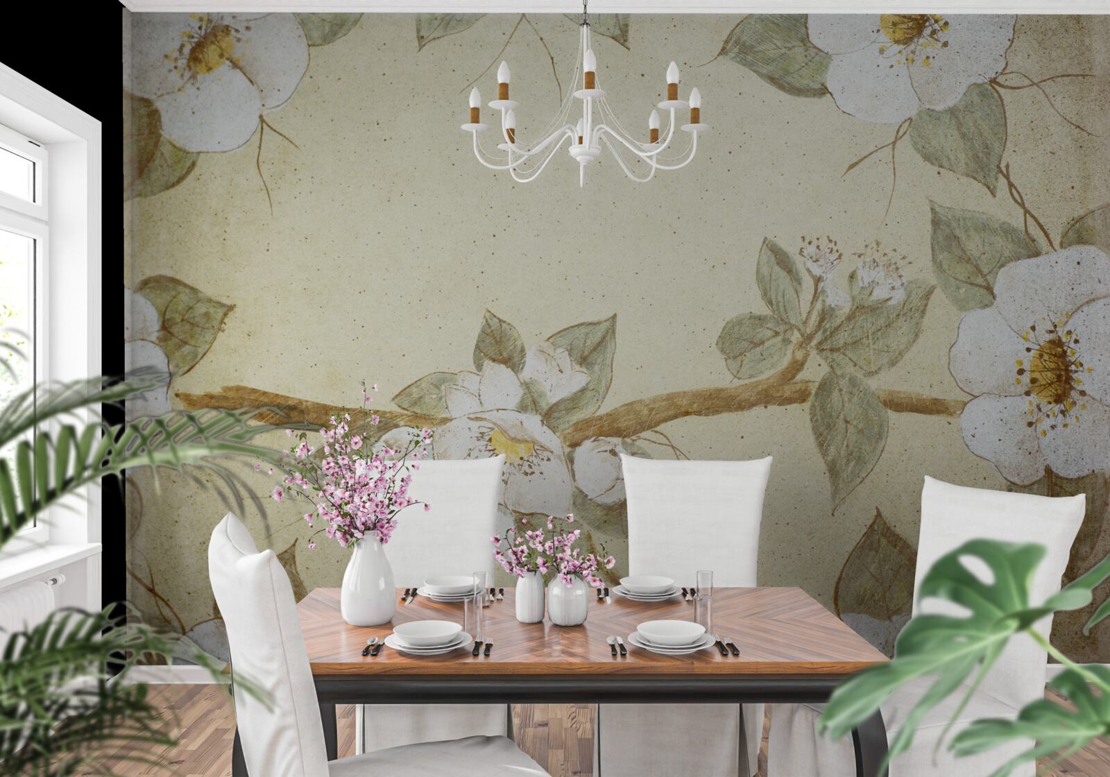 Фотошпалери на гілках розпускаються квіти