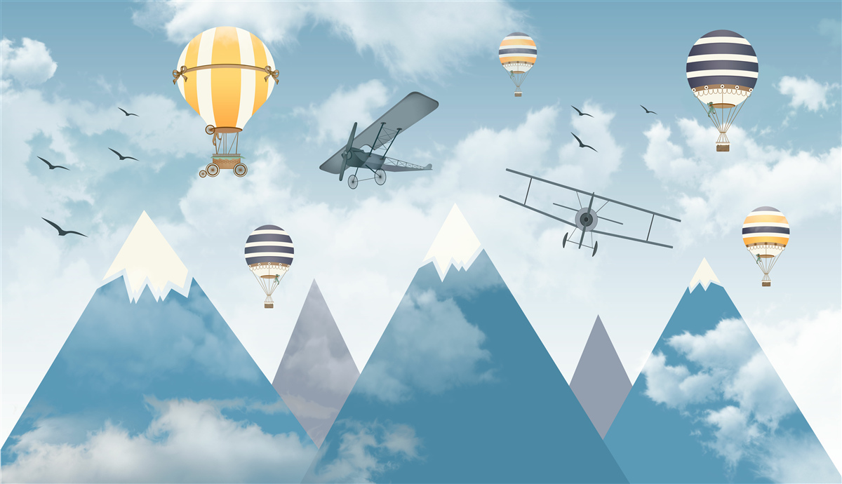 Фотошпалери політ літаків і повітряних куль над гірським масивом