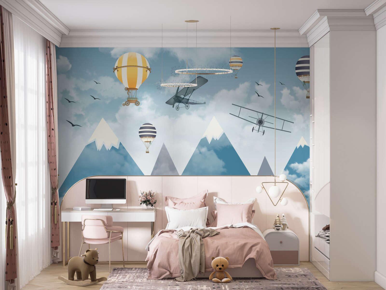 Фотошпалери політ літаків і повітряних куль над гірським масивом