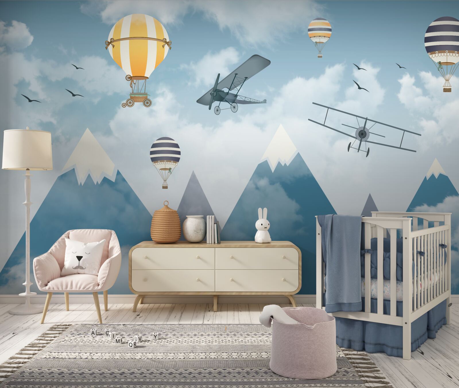 Фотошпалери політ літаків і повітряних куль над гірським масивом