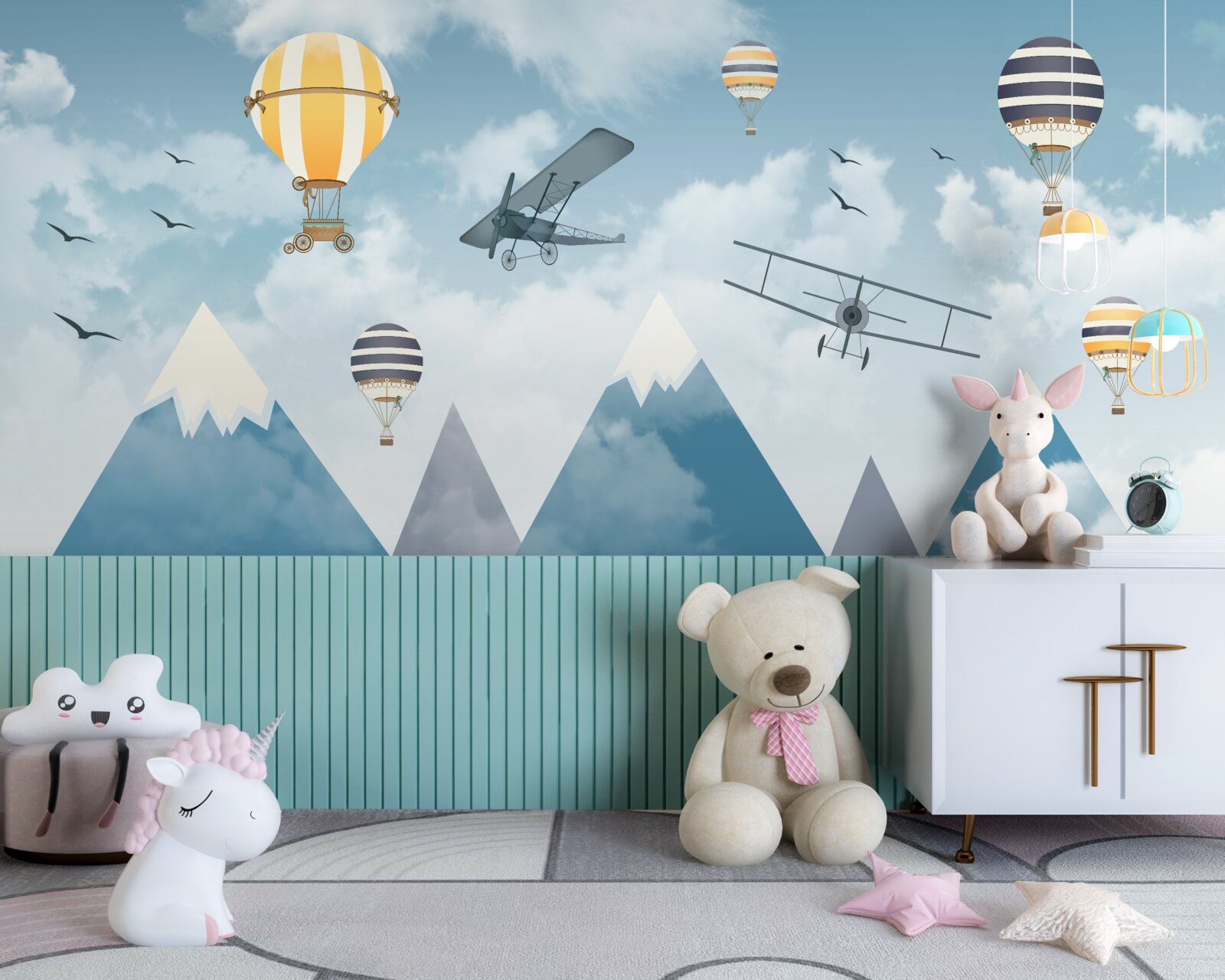 Фотошпалери політ літаків і повітряних куль над гірським масивом