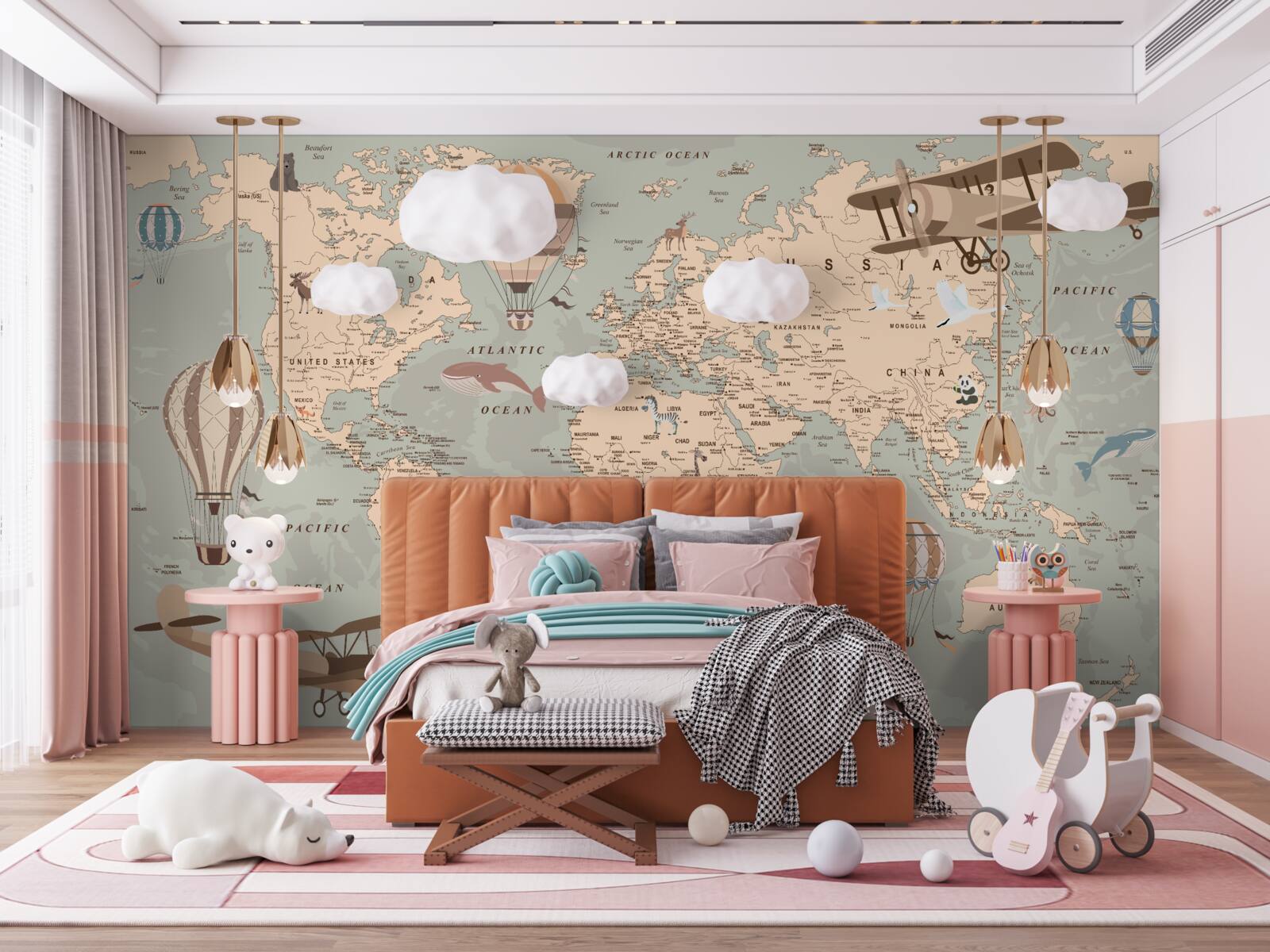 Фотошпалери карта світу із зображеннями тварин і транспорту