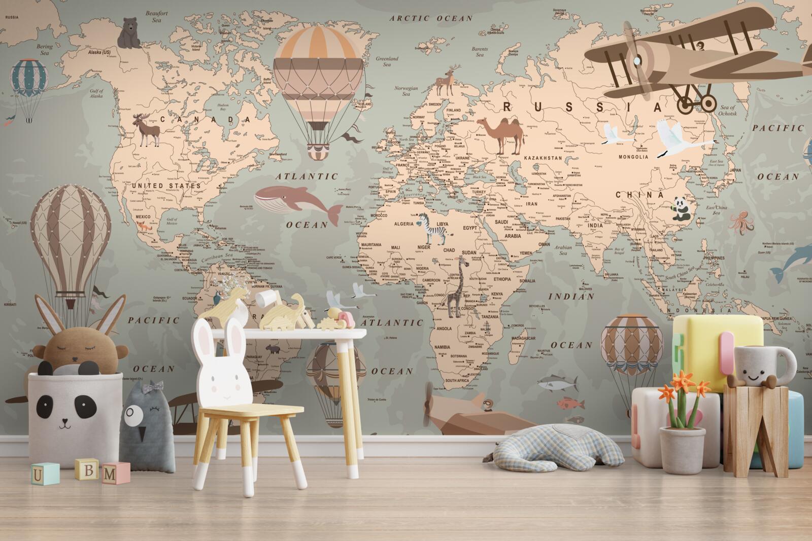 Фотошпалери карта світу із зображеннями тварин і транспорту