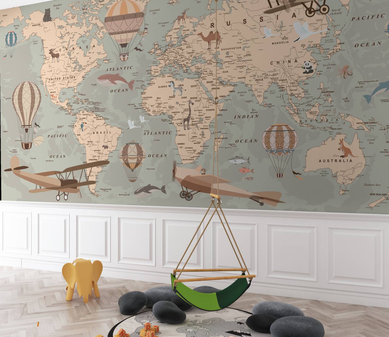Фотошпалери карта світу із зображеннями тварин і транспорту
