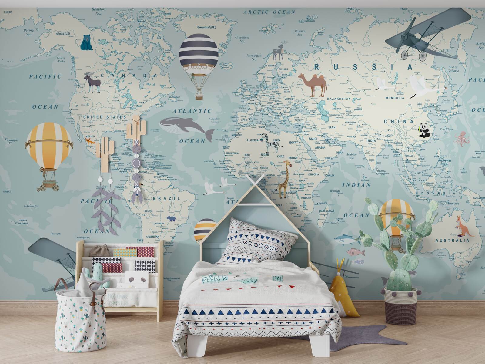 Фотошпалери карта світу з зображенням транспорту та тварин