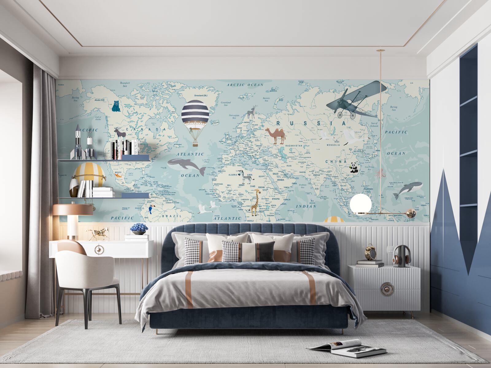 Фотошпалери карта світу з зображенням транспорту та тварин