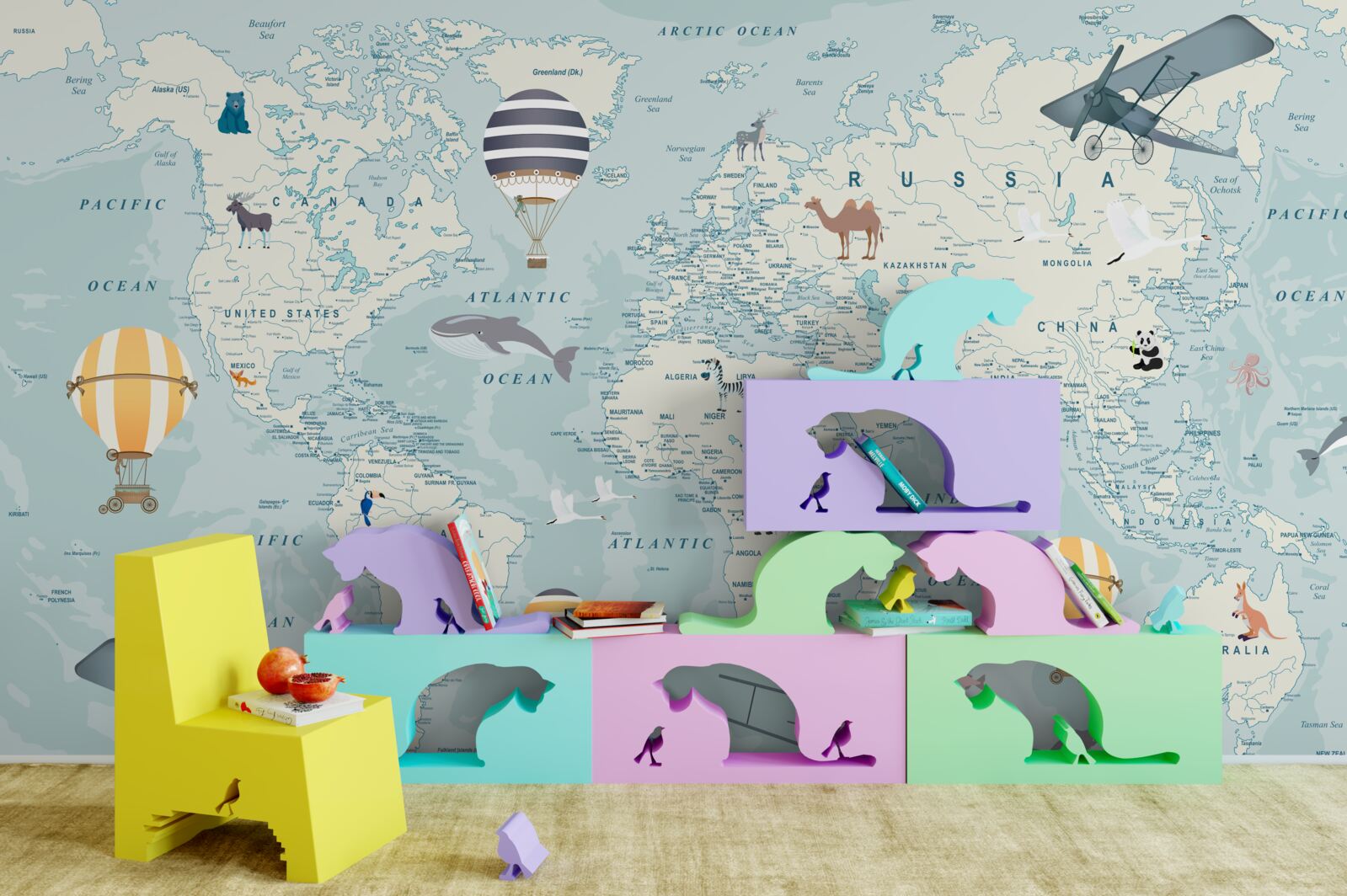 Фотошпалери карта світу з зображенням транспорту та тварин