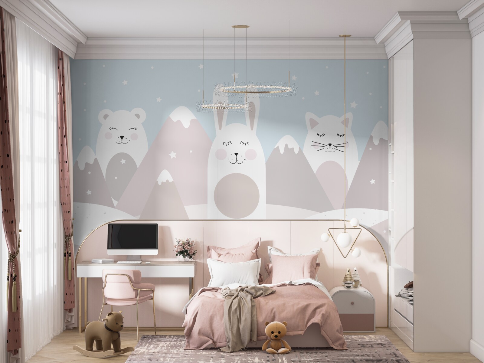 Фотошпалери зайчик і кошеня в горах